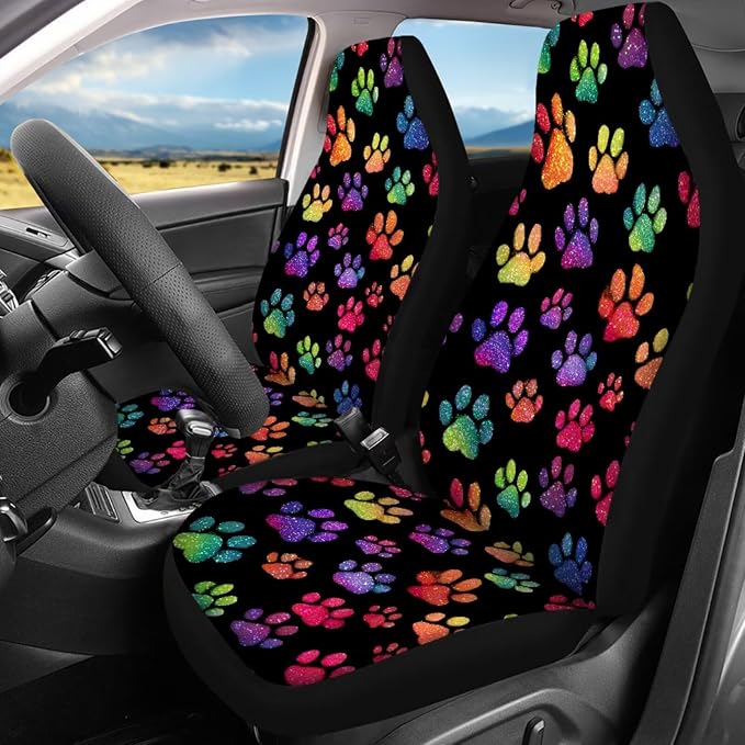Dog Paw Prints Car Seat Covers Full Sets of 17 Pack,Colorful Dog Paw Prints Car Accessories Sets with Car Rubber Floor Mats,Steering Wheel Car Covers,Cup Coasters,Seat Belt Pads,Universal Fit