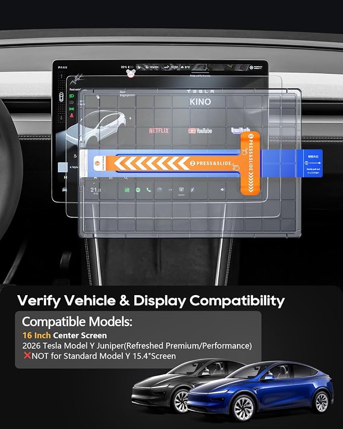 2-Pack Matte Anti Glare 2026 Tesla Model Y Juniper Screen Protector 16"+16" 9H【Front Only+1 Installation Frame】for Refreshed Premium 16 Inch QHD Touchscreen 2026 Model Y Premium/PerformanceAccessories