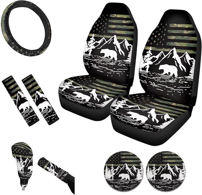 Tupalatus Flag Mountain Car Seat Covers Car Coaster Steering Wheel Cover Seat Belt Shoulder Pads Gear Shift Knob Cover Handbrake Brake Cover Universal Auto Accessories 9 Pack Decor