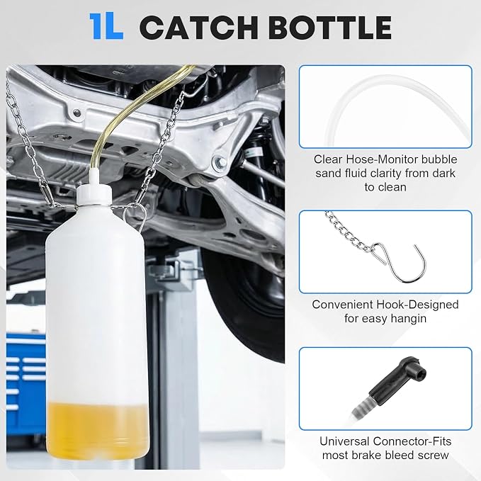 3L Brake Fluid Bleeder Kit with 1L Catch Bottle, Manual Pressure Brake Bleeder Tool One Person Brake Bleeding Kit with 4 Master Cylinder Adapters for Brake and Clutch System Flush