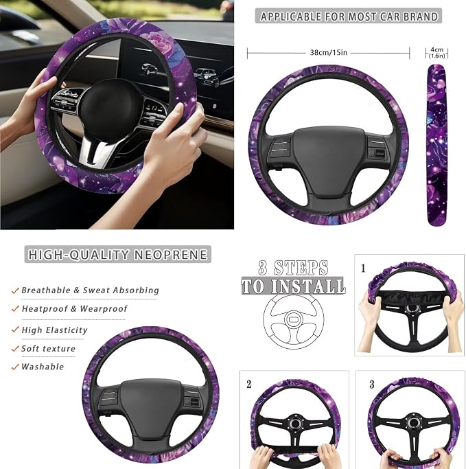15 Pcs Purple Butterfly Auto Interior Accessories Car Seat Covers with Auto Steering Wheel Cover Seat Belt Covers Car Trash Can View Mirror Cover Coaster Keychains