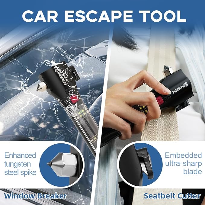 SINSEN Car Safety Hammer Flashlight, Tactical Emergency Rescue Tool and Portable Car Trash Can