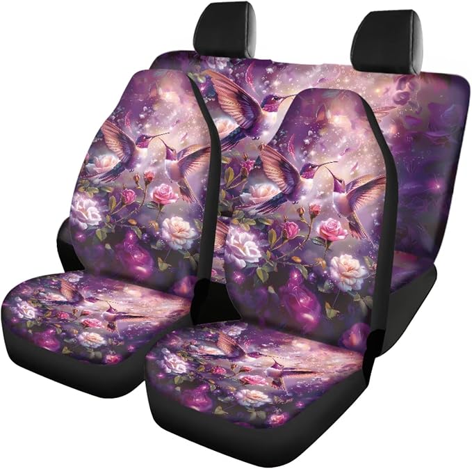 18 Pcs Hummingbird and Rose Car Accessories Set for Women, Car Seat Covers Full Set with Auto Floor Mats Steering Wheel Cover Armrest Pad Handle Wraps Seat Belt Pads Keychains Cup Coaster