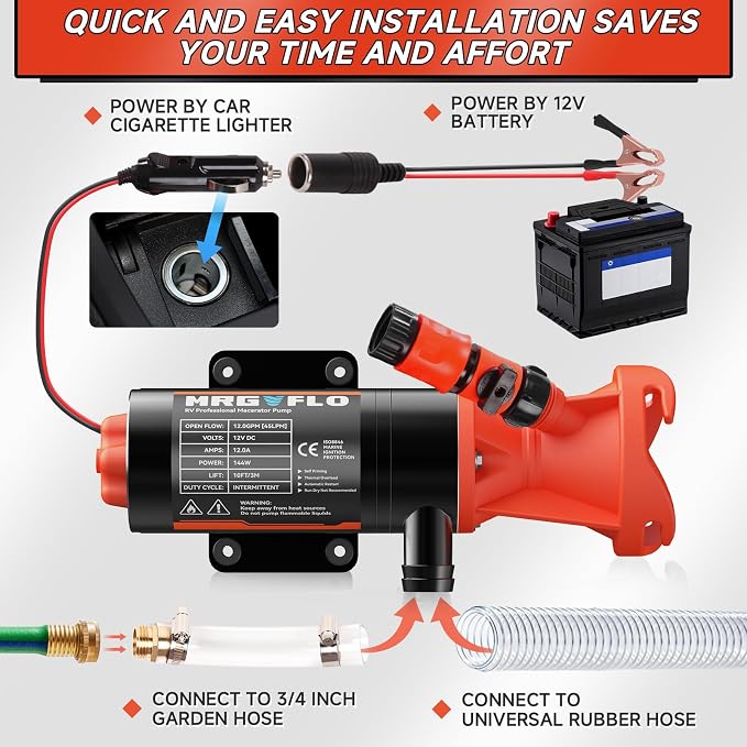 RV Macerator Pump 12V,Portable Macerator Waste Pump,12GPM Suction 3.2 feet Lift 10 feet with Garden Hose Discharge Port,Quick Release Sewage Pump with Fresh Water Rinse and Manual Crushing Function.
