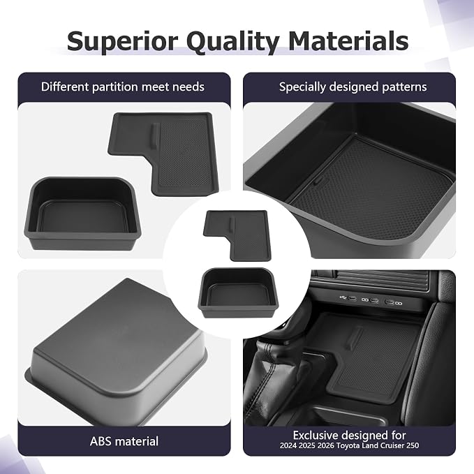 LUWU 2PCS 2026 Land Cruiser Center Console Organizer Compatible with Land Cruiser 2024 2025 2026 Accessories LC250 First Edition Center Console Storage Tray, Wireless Charging Pad (Only for Cool Box)