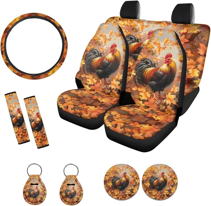 Suobstales Rooster Chicken Maple Leaves Print Car Accessories Car Seat Covers Full Set Interior Cover Thanksgiving Decor Seat Protectors with Steering Wheel Cover, Seat Belt Pads, Coaster, Keychains