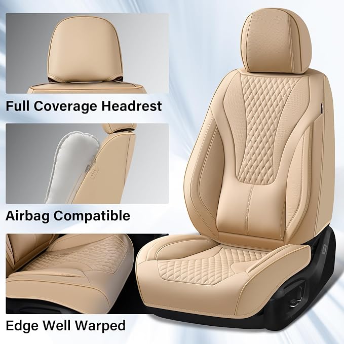 Coverado Waterproof Nappa Leather Car Seat Covers, Automotive Seat Covers，Front Car Seat Cushion & Car Seat Protector, Beige Seat Covers Universal Fit for Most Cars, SUVs, Trucks