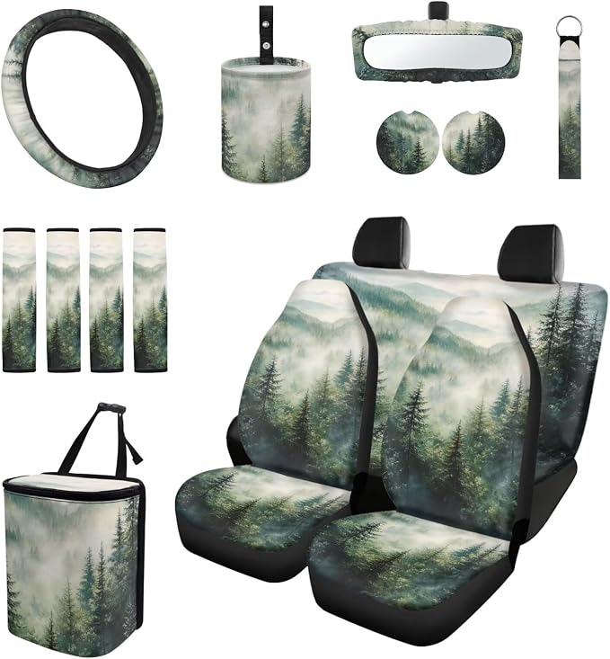 Misty Mountain 15 PCS Car Seat Cover Set with Auto Steering Wheel Cover Seat Belt Strap Protector Cup Holder Trash Bag Rear View Mirror Protector Keychain