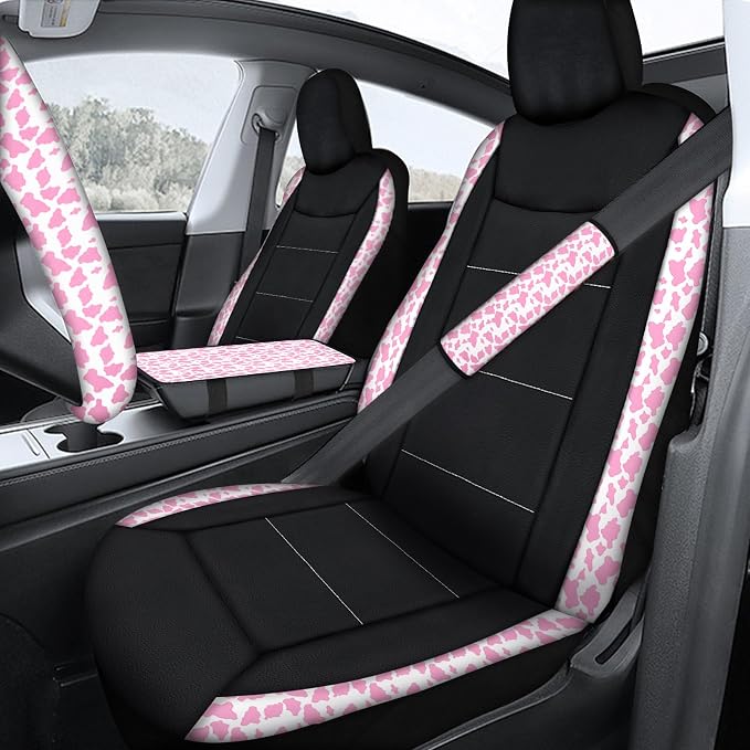 23 Pcs Leather Car Seat Cover Full Set for Women,Universal Car Seat Cover,Print Printing Car Steering Wheel Cover Center Console Armrest,Sunglass Holder Accessories Full SUV(Pink Cow)