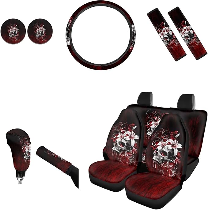 AFPANQZ Skull Red Rose Car Seat Covers 11 Pcs Interior Accessories Protector Hand Brake and Gear Shift Knob Cover, Seat Belt Pads, Steering Wheel Cover Universal Fit Car Truck SUV