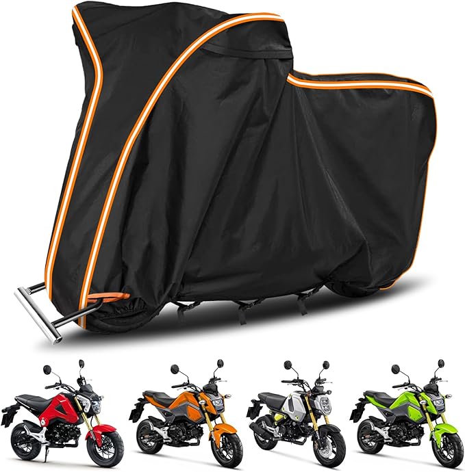 Waterproof Motorcycle Cover for Honda Grom MSX125/Navi/Monkey/2022 Benelli 135/2023 Grom, All Weather Outdoor Black Protective Cover with Reflective Strips,Vent Holes and Lock Holes
