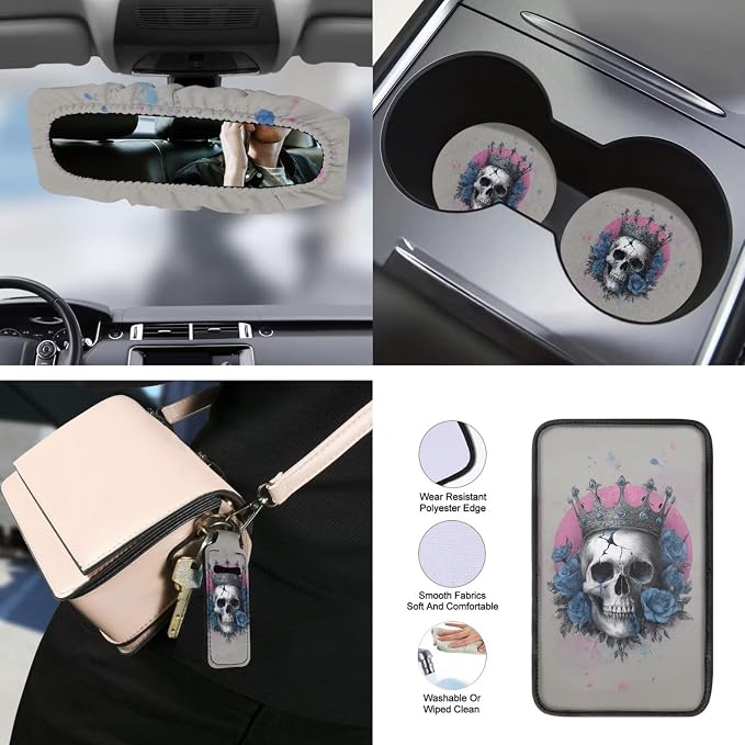 Crown Skull Print Seat Cover Full Set for Cars Rose Print Front and Rear Split Bench Seat Covers+Steering Wheel Cover+Seatbelt Pads+Headrest Covers+Center Console Pad for SUV Truck etc