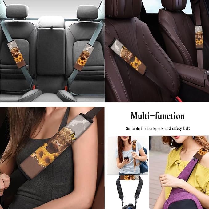 Highland Cow Printed Car Seat Covers with Steering Wheel Cover 4 Pack Seatbelt Pads Sunflower Print Auto Seat Protector Universal Fit Most Vehicles, Auto Accessories, Brown