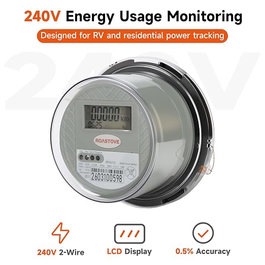 240V Digital Electric Meter, 2 Wire KWH Watt Meter for RV & Home, LCD Energy Usage Monitor, 0.5 Accuracy, Easy-to-Read Power Consumption Meter