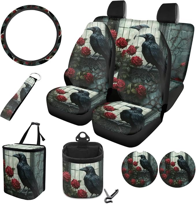 Crow Rose Print Car Accessories Set of 10, Front/Back Seat Cover, Auto Trash Can, Steering Wheel Cover, Cup Coasters, Keychain, Air Vent Pocket Bag Fit for Most Cars