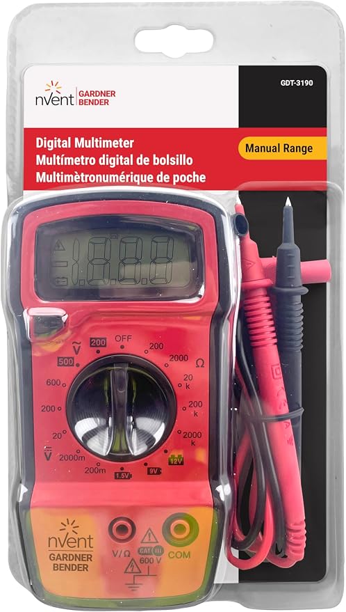 Gardner Bender GDT-3190 Digital Multimeter, 4 Function, 14 Range, Tests AC/DC Voltage, Resistance, and Battery, Manual Ranging, Auto-Off, 1/Each, Red With Black Rubber Boot