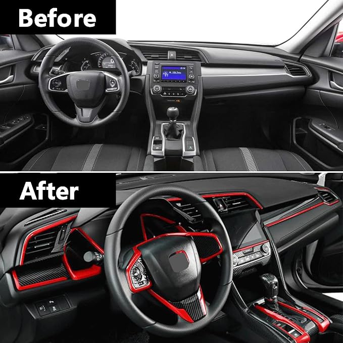 23 Pcs Carbon Fiber Console Center Dashboard Cover, Gear Shift Panel Cover, Steering Wheel Cover, Door Side Panel Cover Compatible with Honda Civic 10th Gen 2016-2021