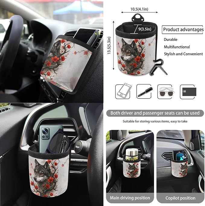 Wolf Plum Blossom Pattern Car Accessories Set of 15, Full Set Seats Covers Auto Streering Wheel Cover Trash Bin Seat Belt Covers Keychain Coasters Air Vent Storage Bag