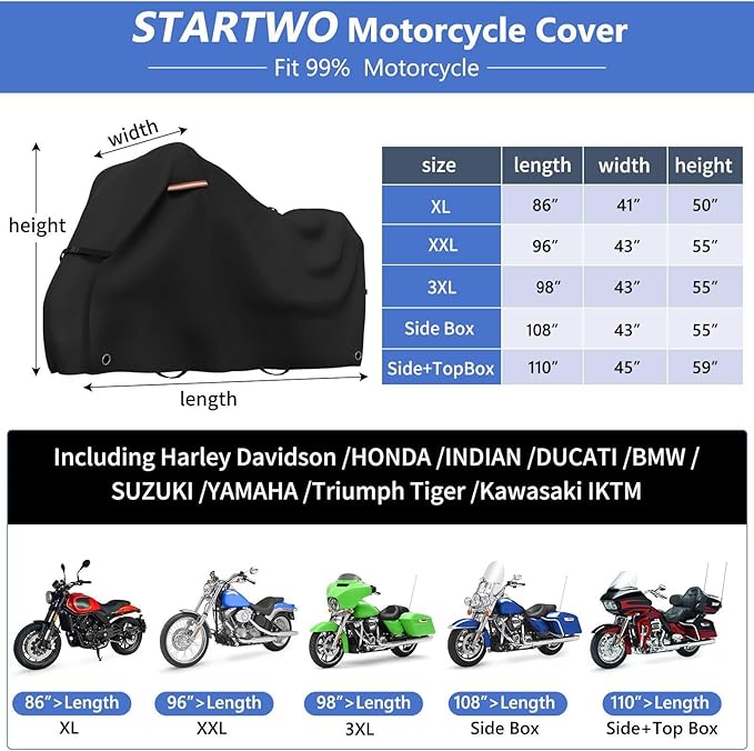 STARTWO Motorcycle Covers Waterproof Outdoor Storage for Harley Davidson Touring Models with Side+Top Box Ultra Limited,Road Glide Limited, Gold Wing,Road Master 110"x45"x59" Black