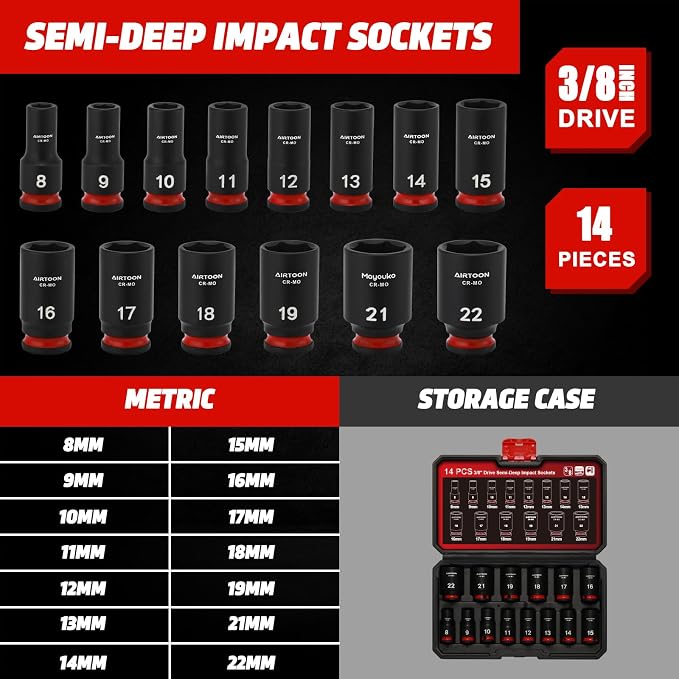 3/8 in. Drive Semi-Deep Impact Sockets Set, Mid-Length Socket Set, Metric, 8 to 22 mm, 14-Piece, CR-MO, Stamped and Ink Filled Size Marking