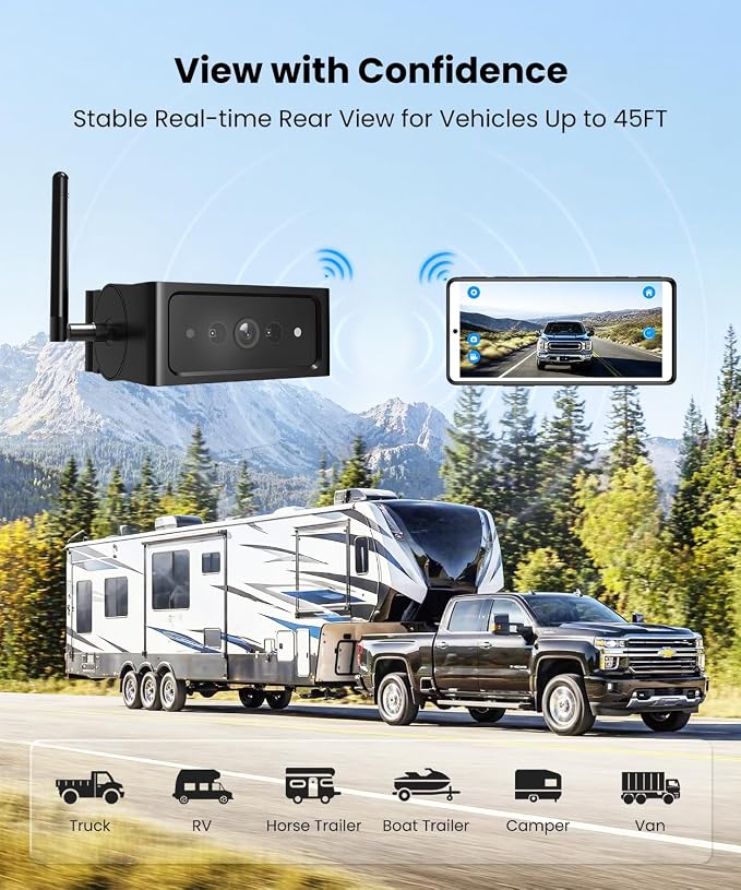 AUTO-VOX Magnetic Wireless Backup Camera with WiFi Connection | No Monitor Needed, Snaps On in 1 Sec, Solar Powered for Longer Runtime, Reliable Live View up to 230FT for Truck Trailer RV