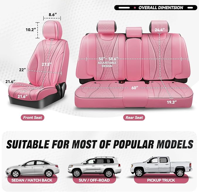 Auto Dynasty Car Seat Covers Full Set, Anti-Slip Automotive Interior Covers with Storage Pocket, Breathable Car Seat Protectors, Airbag Compatible, Fit Most Vehicles, Diamond Stitch Mesh Pink
