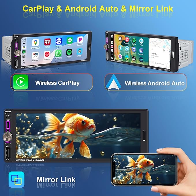 6.9" Single DIN Car Radio with Wireless Apple CarPlay, Car Bluetooth 5.2, AM FM Radio, IPS Touchscreen 1280x480, Backup Camera, Type-C Fast Charging, USB, 180W Subwoofer, Android Auto, GPS Navigation