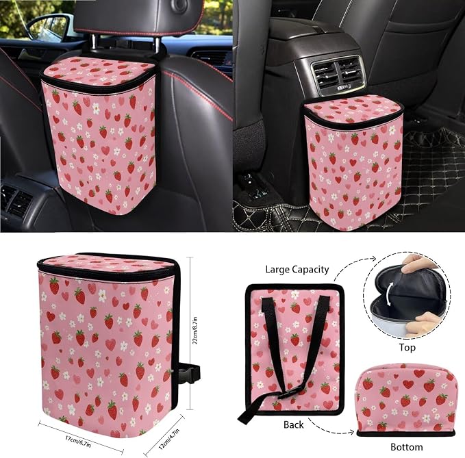 Strawberry Flower Print Car Seat Covers Front and Back Full Set with Steering Wheel Cover Safety Belt Pads Inside Rearview Mirror Protector Garbage Bag Cup Coasters and Keychain