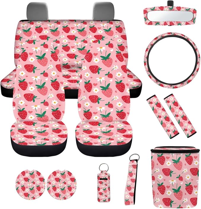 Strawberry Pink Car Seat Covers Full Set for Most Cars, with Seat Belt Pads Steering Wheel Cover Car Trash Bin Rear View Mirror Cover Car Coasters Keychain Holder Keychains, 12pcs