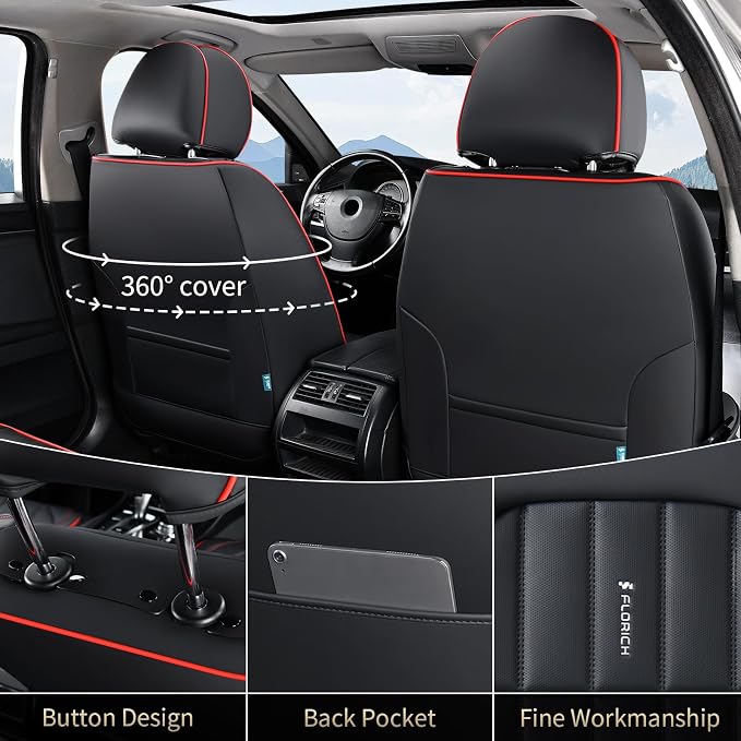 FLORICH Leather Seat Cover, Car Seat Covers Front Set, Waterproof Car Seat Protectors, Front Seat Covers 2 Pack, Automotive Seat Covers Protector Fit for Most Cars Trucks SUV - BlackRedLine