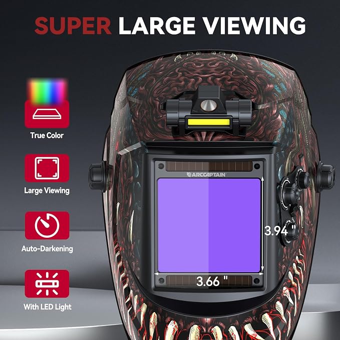 ARCCAPTAIN Large View 3.94" x 3.66" True Color Auto Darkening Welding Helmet with Light, Solar Powered Welding Hood, 4 Arc Sensor Wide Shade 4/5-9/9-13 for Stick MIG TIG Cut, Alien