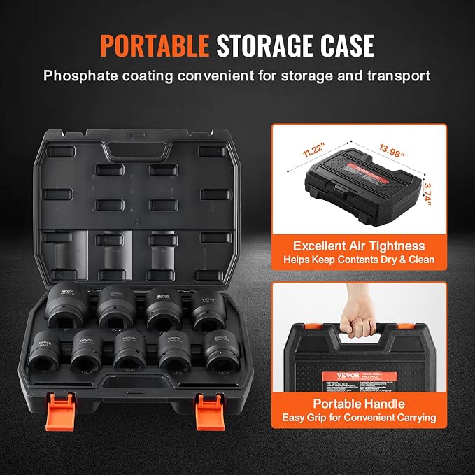 VEVOR Axle Nut Impact Socket Set - 1" Drive 6-Point 9-Piece SAE Spindle Nut Socket CR-MO Heat Treated Large Socket Set with Storage Case for Auto Repair, Removing or Installing Axle Nuts