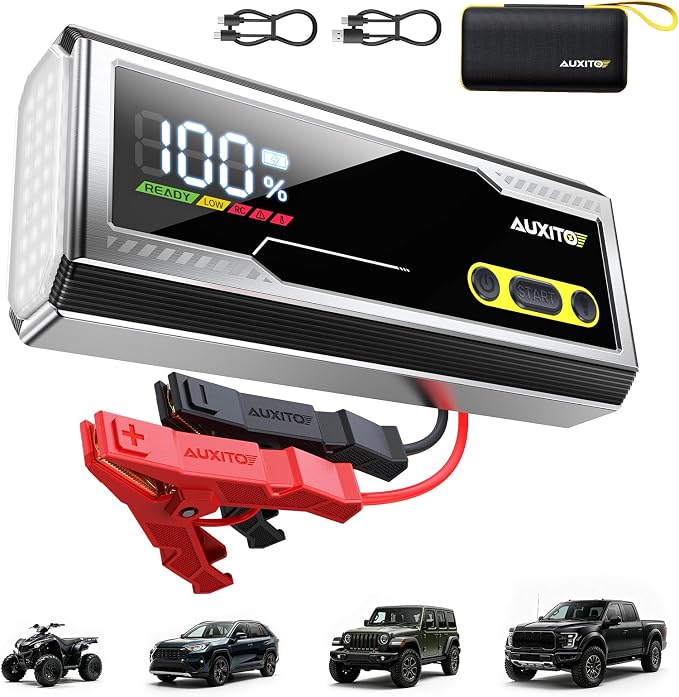 AUXITO 9000A Jump Starter, 12V Car Battery Jump Starter, Up to All Gas/All Diesel Engine with LED Display, 30W Type-C Fast Charging and 168W DC Output, 3-Mode Flashlight, Storage Case