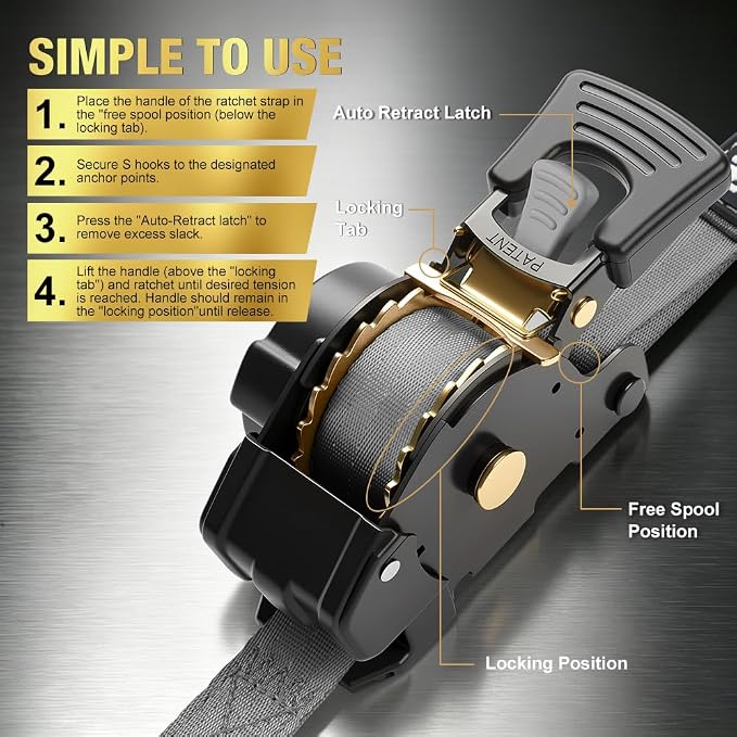 Retractable Ratchet Straps (4-Pack) - 1 Inch x 10 Feet (1,764lb Break Strength) - Auto Self Retracting Tie Down Straps Heavy Duty for Motorcycle, ATV, UTV, Truck, Cargo Trailer – Grey