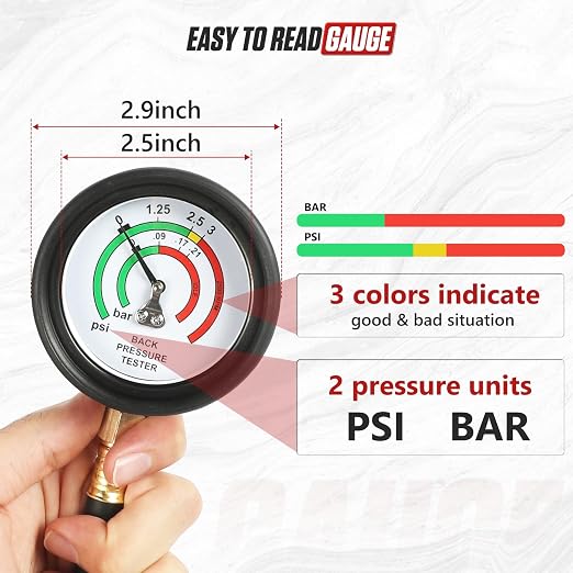 Exhaust Back Pressure Tester Kit, Professional Automotive Exhaust Back Pressure Gauge Set with 5-Foot Hose, Adapters & 2 Clamps