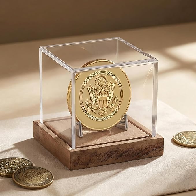 Clear Acrylic Coin Display Case with Wood Base & Alloy Holder, Memorabilia Stand Cube Holder, Dust Protection Transparent Storage Box for Single Challenge Coin Souvenir Coin Collections