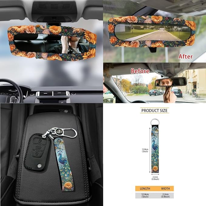 Peacock Flower Print 15Pcs Car Interior Cover Set Includes Car Seat Covers Front and Back Full Set Steering Wheel Cover Safety Belt Pads Rear View Mirror Protector Cup Mats, Blue