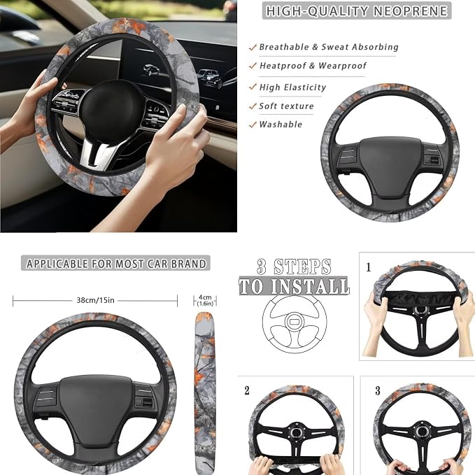 Camo Maple Leaf Car Seat Covers Full Set for Women Flower Car Accessories Set 15 Pcs Car Steering Wheel Cover Seat Belt Pad Trash Can Coasters Car Headrest Pillow Covers Armrest Pad