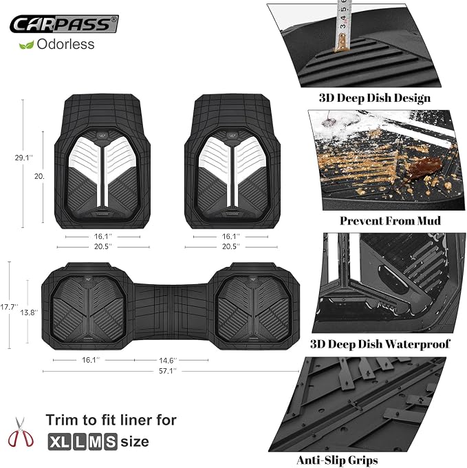 CAR PASS Heavy Duty Rubber Car Mats, Deep-Dish Car Floor Mats All Weather, Universal Two-Tone Trim-to-Fit for SUVs Trucks Sedans, Waterproof Anti-Slip, 3 Pieces V12 Black and White