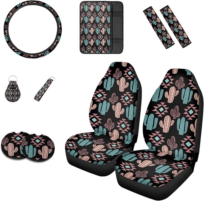 Howilath Aztec Southwest Cactus 10pcs Car Front Seat Covers/Steering Wheel Cover/Seatbelt Pads/Keychain/Armrest Cushion/Coasters Vehicle Seat Protector Accessories