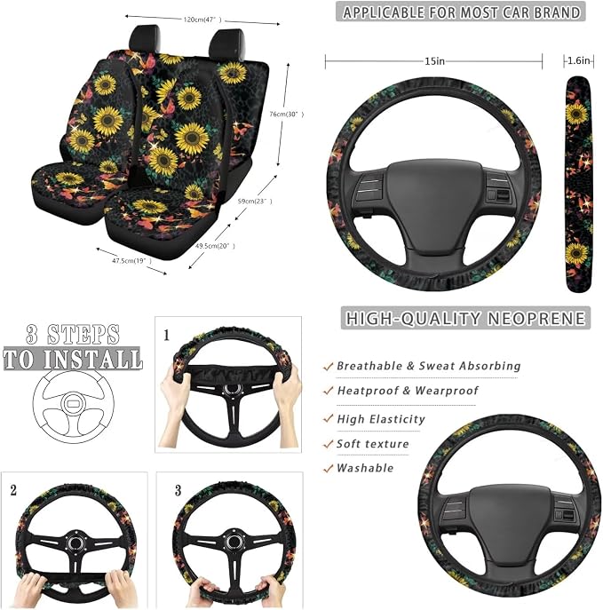 Suobstales Sunflower Butterfly Leopard Print Car Seat Covers Set of 13 with Universal Steering Wheel Cover, Rearview Mirror Cover, Car Trash Can, Seatbelt Pads, Cup Holder Coasters, Keychains