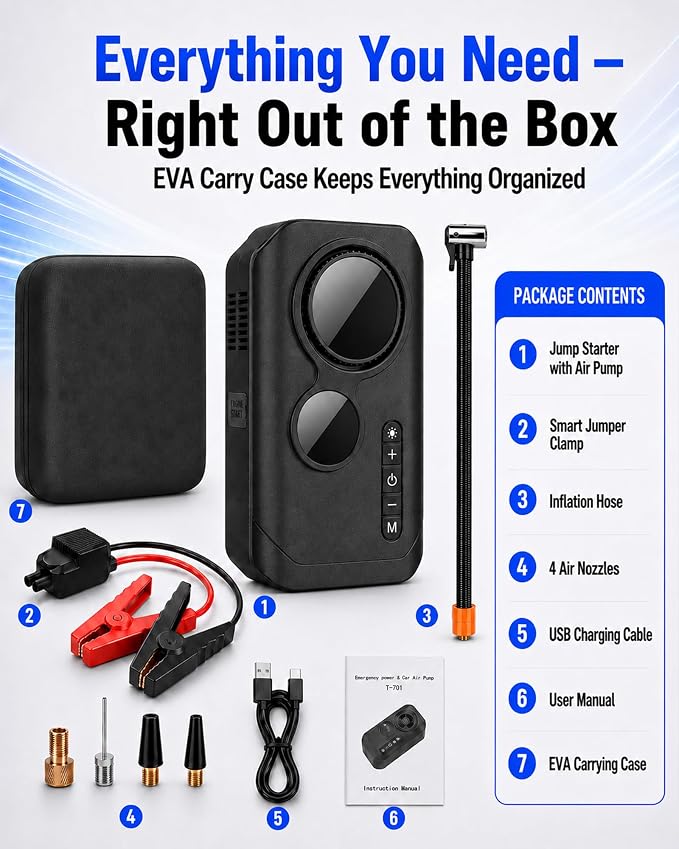 9000A Jump Starter with Air Compressor, 12V Car Battery Jumper Starter with 150PSI Tire Inflator Air Pump Portable (All Gas/10L Diesel), All-in-One Jump Box with LED Light, Power Bank, Large Display