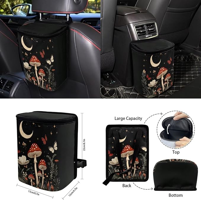 Moon Mushroom Butterfly Car Seat Covers Full Set for Women Cute Car Accessories Interior Car Steering Wheel Cover Seatbelt Covers Trash Bin Rear View Mirror Cover Cup Holders Keychain