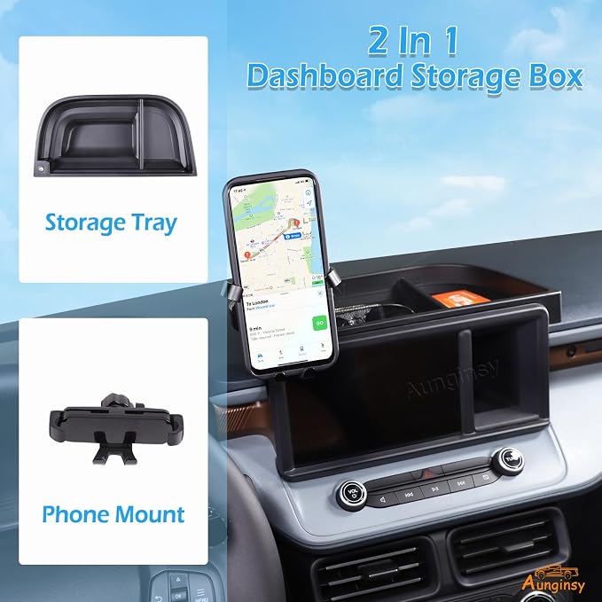 Aunginsy Center Console Dash Storage Tray Compatible with Ford Maverick 2022 2023 2024 Dashboard Multi-Functional Phone Holder Storage Box Organizer Tray Insert with Mobile Phone Mount Accessories