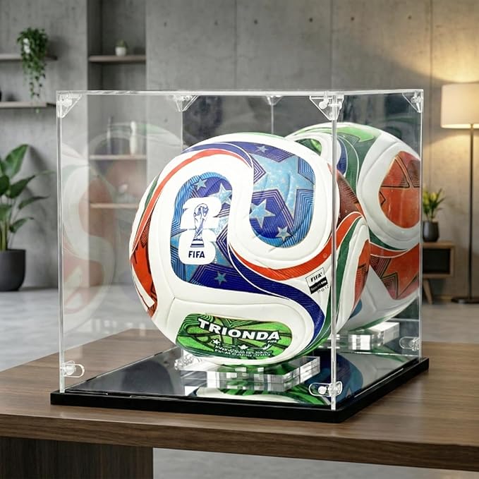 Acrylic Soccer Ball Display Case - Mirror Back & Base, UV Protection Dustproof Box for Autographed Size 5 Soccer Ball - Heavy Duty Memorabilia Cube Holder with Removable Stand (10.5" x 10.5" x 10.8")