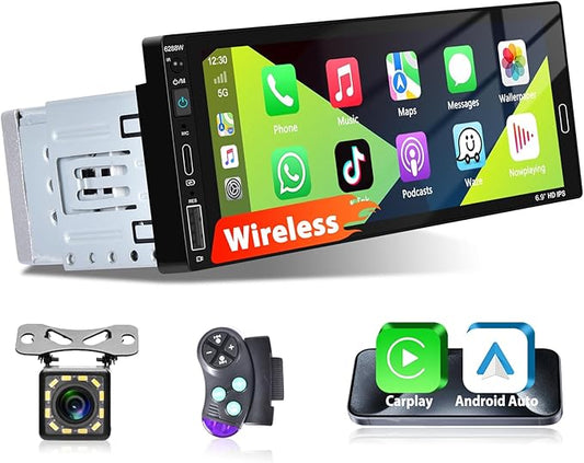 6.86 Inch Wireless CarPlay Car Stereo, Touch Screen Android Auto Radio with Mirror Link, Single Din Bluetooth 5.0 Audio Receiver with FM/RDS, EQ, Power-Off Memory,TF/USB/SWC + Rear View