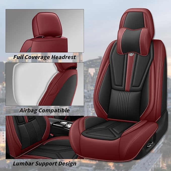 Arazi Fit for 98% of Mazda Seat Covers, 360° Full Wrap Original Seat Cover, Waterproof Nappa Leather Seat Covers with Big Space Storage Pocket Seat Protector（5 Seats Luxury, Black&Red）