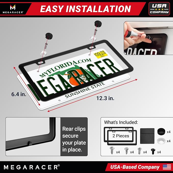 Powder-Coated Matte Black Thin License Plate Frames – 2 Pack, Car Wash Proof Stainless Steel, Rust-Free, Rattle-Free, Street Legal, Slim 2 Hole with Screw Caps, Gloss Metal Front & Rear Tag Holders