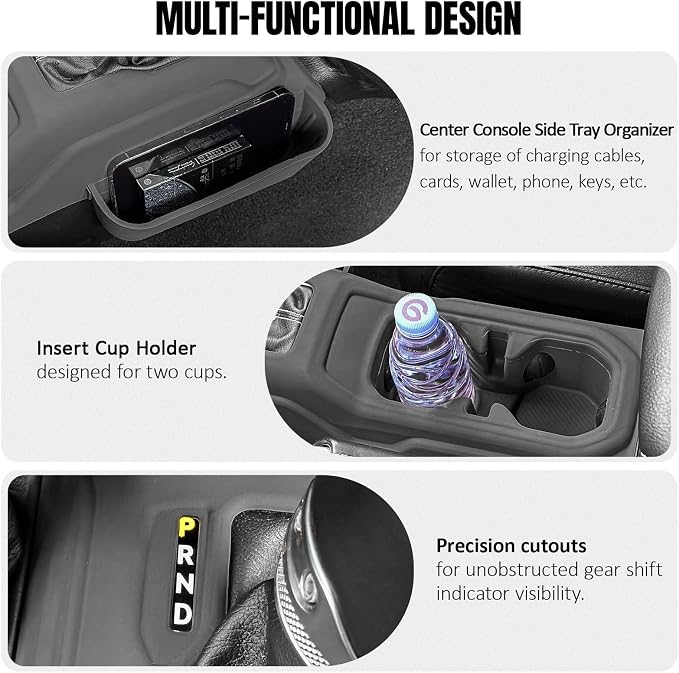 Silicone Center Console Gear Shift Panel Trim Cover for Jeep Wrangler JL/JLU/Gladiator JT 2018-2026, with Non-Slip Cup Holder Mat & Side Organizer Tray, Car Interior Storage Box Accessories