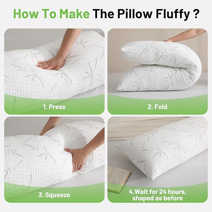Primesoft Full Body Pillow with Removable Pillowcase for Adults,（Memory Foam Filling）（Long Pillow for Side Sleepers） （Fluffy and Firm）（Adjustable Filling）（20×54 Inch，White）